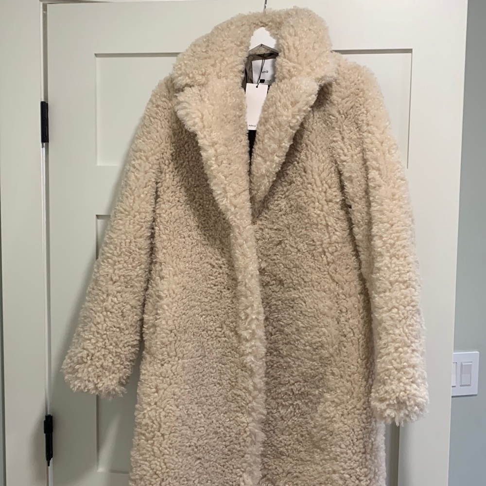 Mango Faux Fur Teddy Coat in Cream Size S NWT